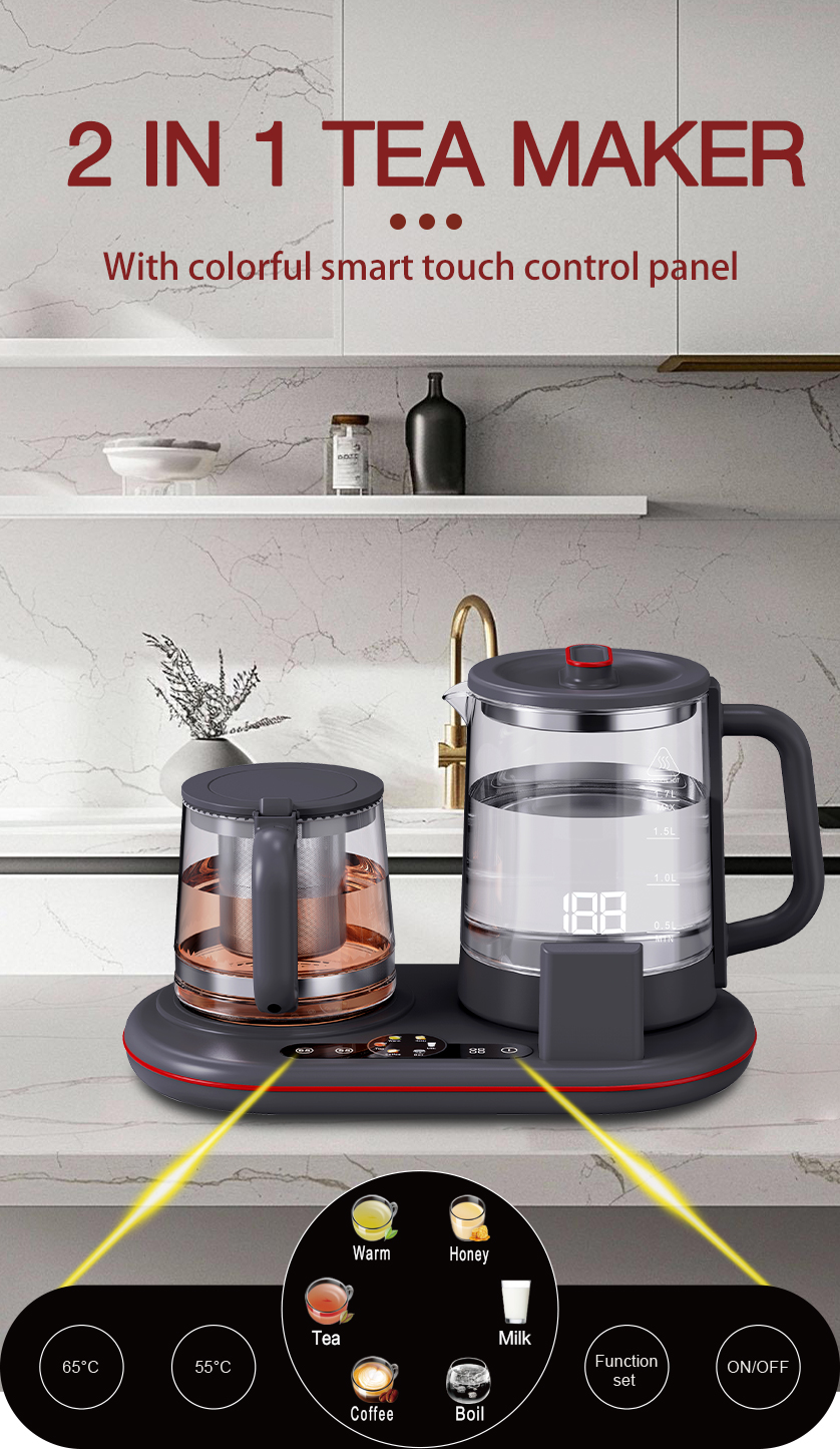 Mesin Pembuat Teh Tetap Hangat Modern Watt Rendah Baru Set Baki Ketel Hotel Kaca Termopot Portabel 1,7L + 1,1L Teko Listrik