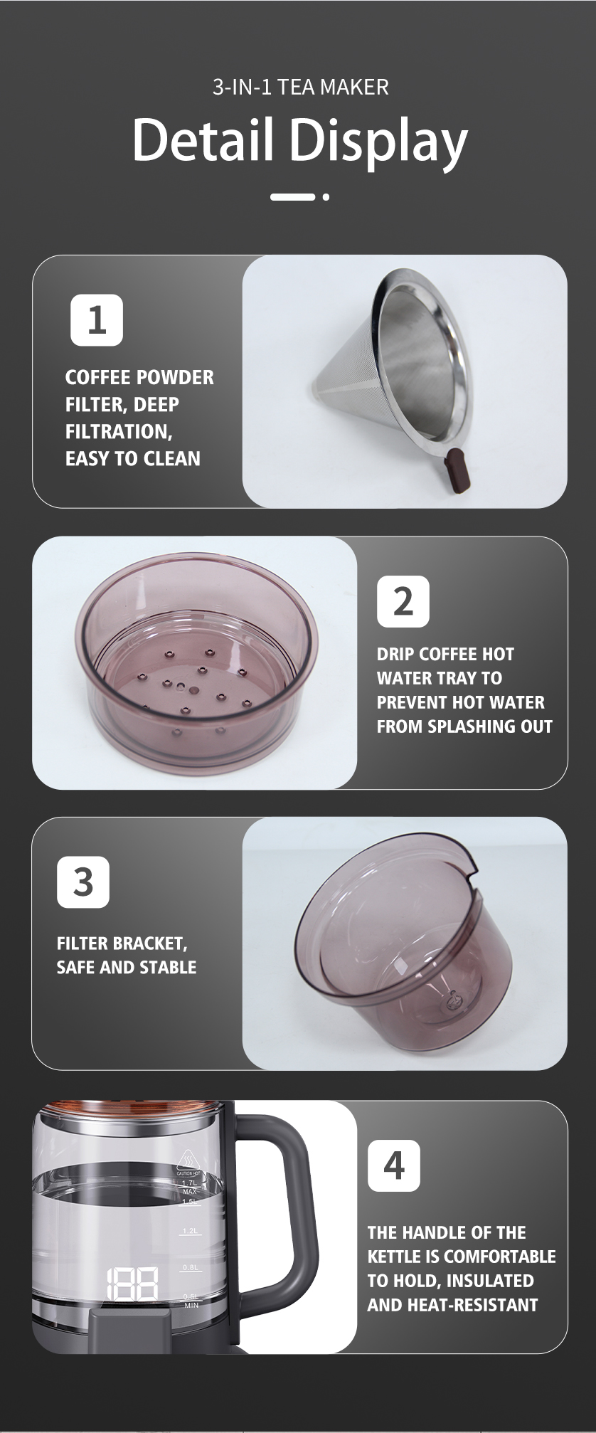 Ketel Digital cerdas 3-in-1 Kontrol Sentuh Pengaturan Suhu Panel Kontrol Cerdas Ketel Pembuatan Kopi dan Teh Keluarga