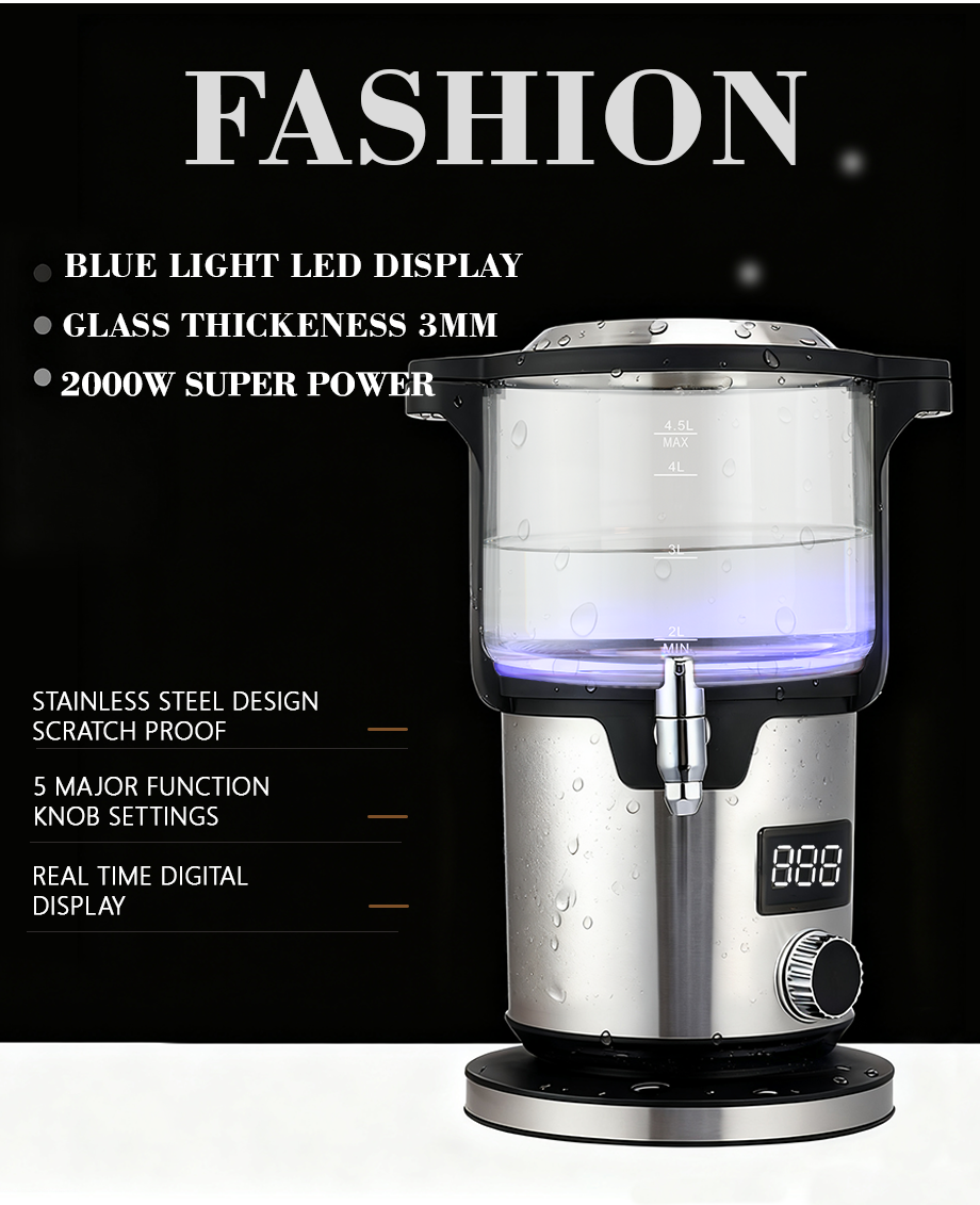 CE/CB Disetujui Teko Kaca Boron Tinggi Samovar Kapasitas 5,6L Kapasitas Tetap Hangat Fungsi Ketel Ganda Ketel Pembuat Teh Turki