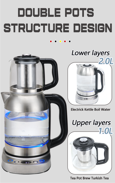 Populer 2.0l Rusia Kaca Air Ketel Teh Ganda Set Digital CB CE Teko Turki Ketel Teh Listrik dengan Infuser 