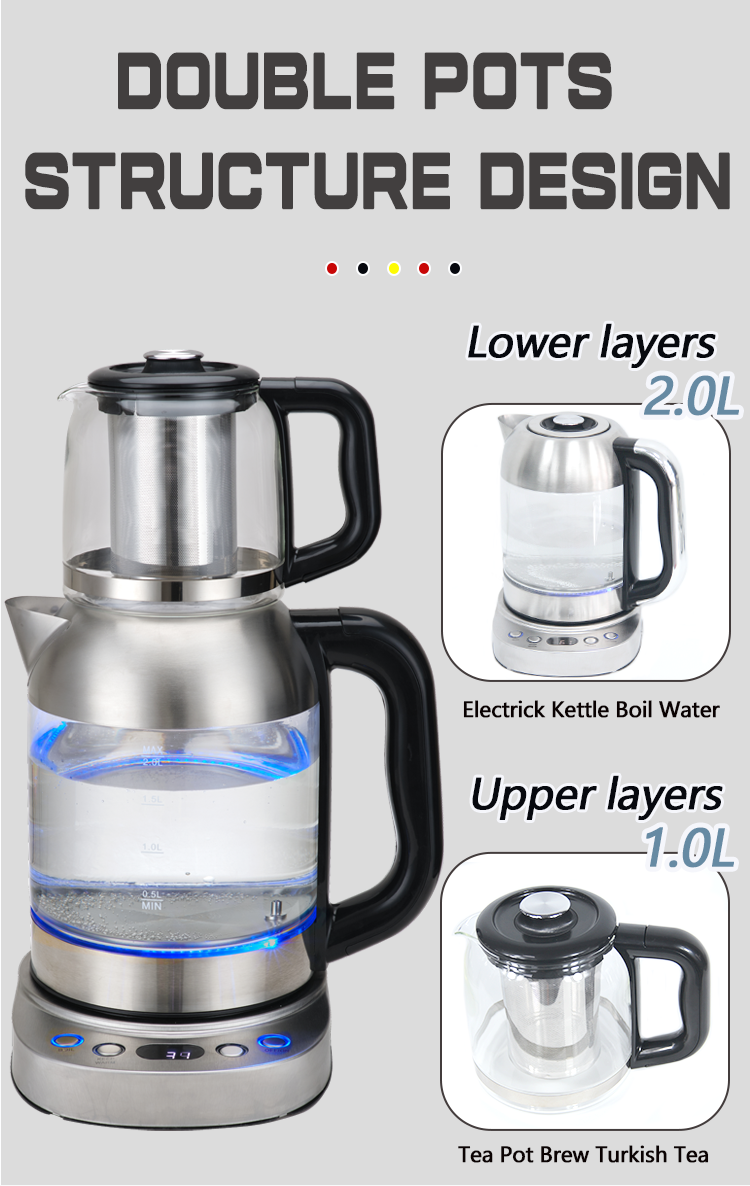 CE Led Display Kontrol Suhu Pembuat Teh Turki 2.0l Ketel Teh Listrik Dengan Kaca Filter Pembuat Teh dan Kopi 