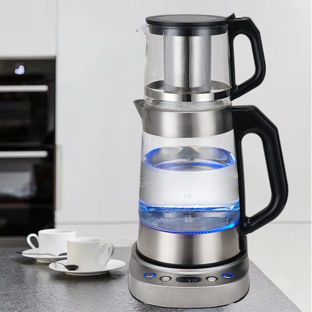YUEKON Desain Ketel Kaca Ganda Saklar Otomatis Kontrol Suhu 2 in 1 Mesin Teh Turki Samovar Listrik