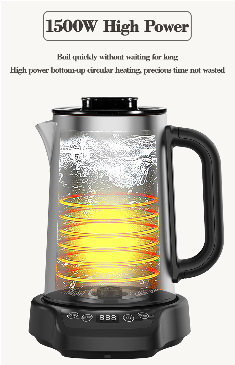 Peralatan Dapur 1500W Rebus Perlindungan Kering Mesin Pembuat Teh 2.0L+1.1L Double Layer Electric Kettle Dengan Teki Kaca