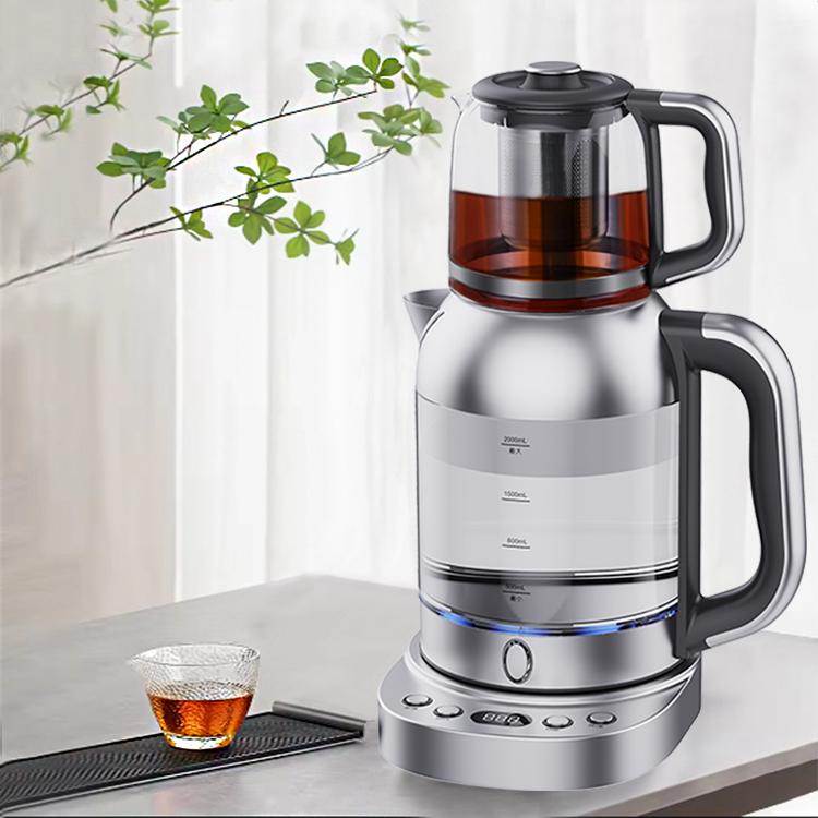 Rumah Hotel Dapur Badan Kaca Ketel Listrik Ganda Pembuat Teh Kaca Listrik 2.0L Dengan Kontrol Suhu 