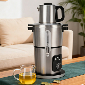Peralatan Rumah Tangga Ketel Listrik Baja Tahan Karat Dua Lapis Pembuat Teh Otomatis Pot Teh Samovar Persia 2 In 1 Samovar Perak