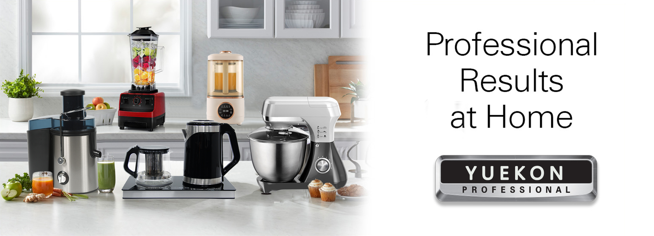 Gambar yang menampilkan teks \'Hasil Profesional di Rumah\' dan \'YUEKON PROFESSIONAL,\' mewakili komitmen Zhongshan Yuekon Electrical Appliances Co., Limited untuk menghadirkan peralatan rumah tangga berkualitas profesional.