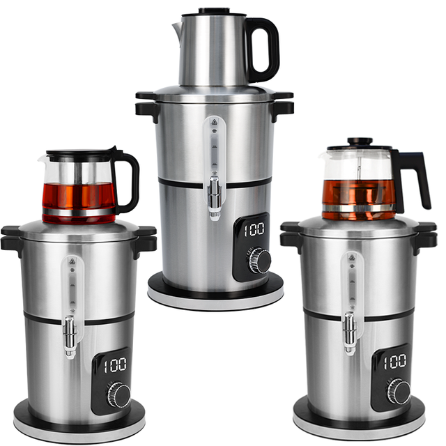 Peralatan Rumah Tangga Ketel Listrik Baja Tahan Karat Dua Lapis Pembuat Teh Otomatis Pot Teh Samovar Persia 2 In 1 Samovar Perak