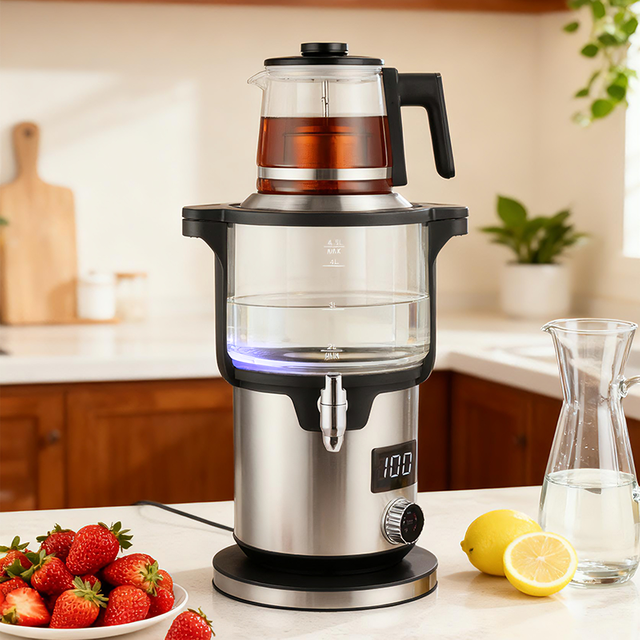 Mesin Pembuat Teh Lapisan Ganda Pintar 4.5 + 1,1L 2000W Kenop Rumah Tangga Ketel Teh Turki Ketel Tanpa Kabel Listrik untuk Air Mendidih