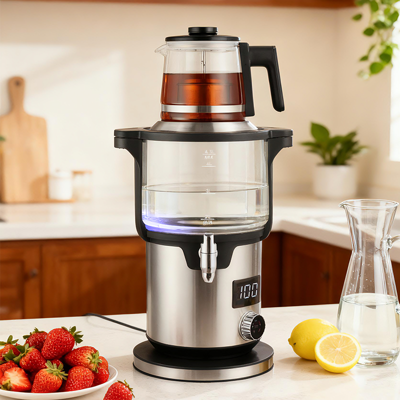 Mesin Pembuat Teh Lapisan Ganda Pintar 4.5 + 1,1L 2000W Kenop Rumah Tangga Ketel Teh Turki Ketel Tanpa Kabel Listrik untuk Air Mendidih