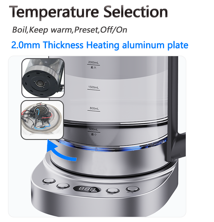 Populer 2.0l Rusia Kaca Air Ketel Teh Ganda Set Digital CB CE Teko Turki Ketel Teh Listrik dengan Infuser 