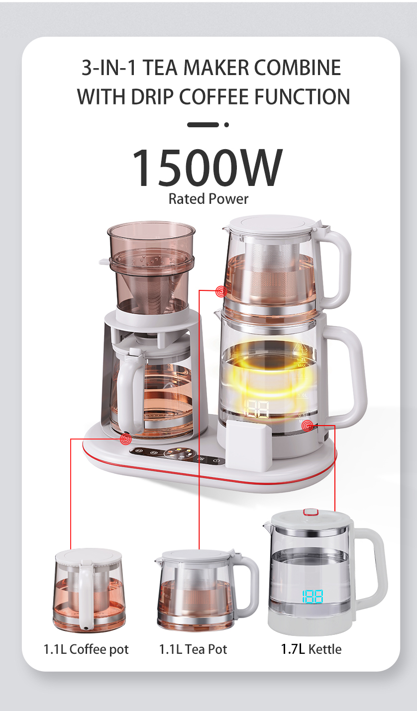Ketel Kaca Multifungsi 1500W Ketel Ganda Nirkabel Pintar Teko Listrik Set Teko Kopi Kontrol Suhu Digital