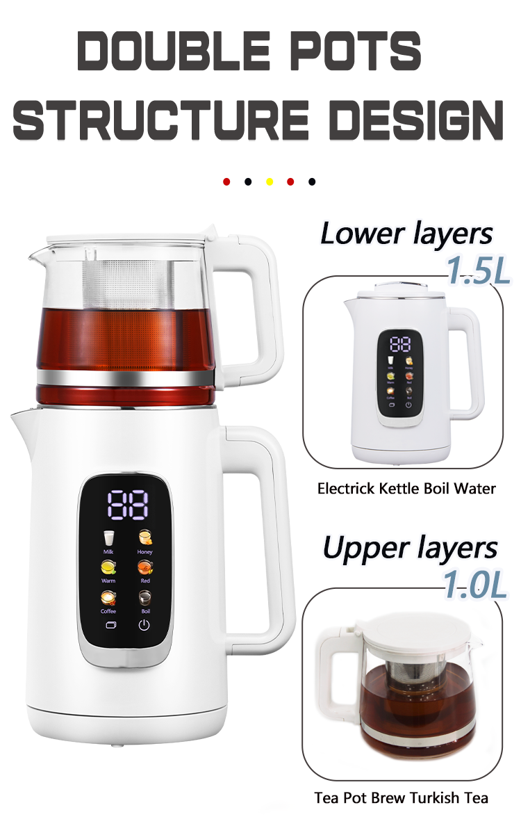 Desain Baru Teh Pot Digital 1.5L+1.1L Turki Samovar Kettle Pembuat Teh Listrik Set Panel Kontrol Layar Warna Otomatis
