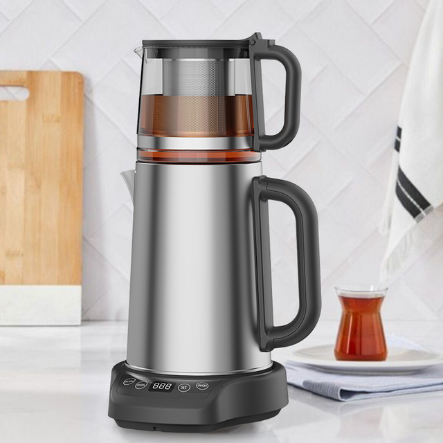 Kedatangan Baru 1500W 304 Stainless Steel Kaca Turki Listrik Kettle 2 In1 Mesin Pembuat Teh Samovar Dengan Dasar Layar Sentuh