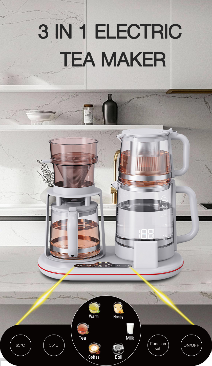Ketel Kaca Multifungsi 1500W Ketel Ganda Nirkabel Pintar Teko Listrik Set Teko Kopi Kontrol Suhu Digital
