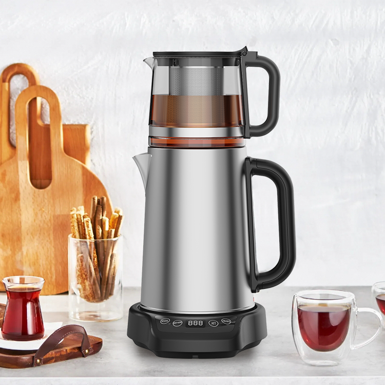Peralatan Rumah OEM Kustom Kustom Kaca Teh Teh Tanam Mesin Pembuat Teh Turkey 2.0L+1.1 Double Stainless Steel Baja dan Teh 