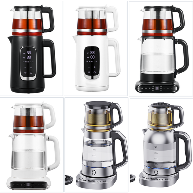 YUEKON Ketel Air 1,7L Pembuat Teh Listrik Samovar Rusia Pembuat Teh Ganda Turki Baja Tahan Karat dengan Teko Teh 1,0L