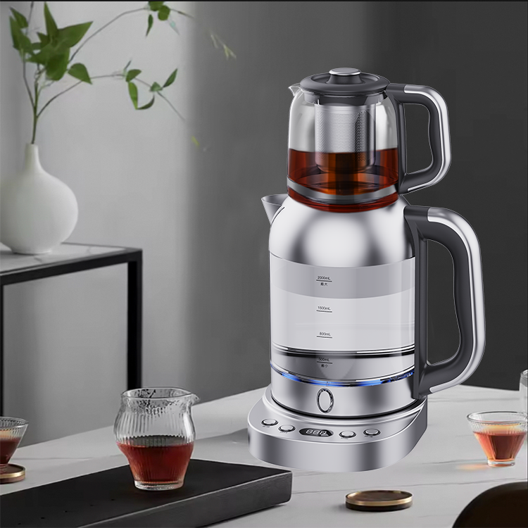 Pembuat Teh 2 Dalam 1 Ketel Samovar Turki Kaca Ganda Listrik 2,0 L Ketel Listrik Kaca Pintar dengan Fungsi Tetap Hangat untuk Dapur