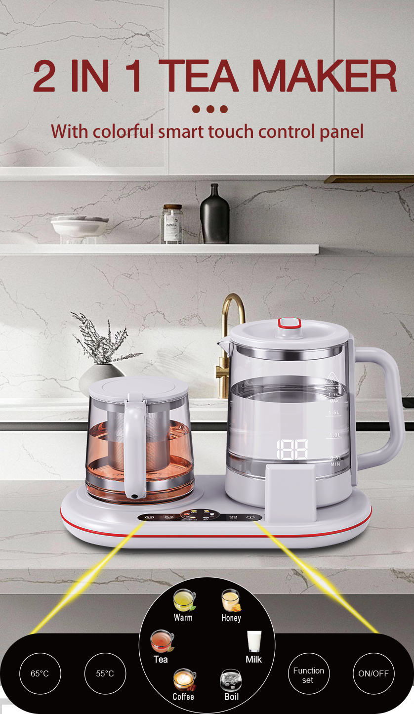 Pembuat Teh 1,7L+1,1L dengan Alas Tanpa Kabel yang Dapat Diputar