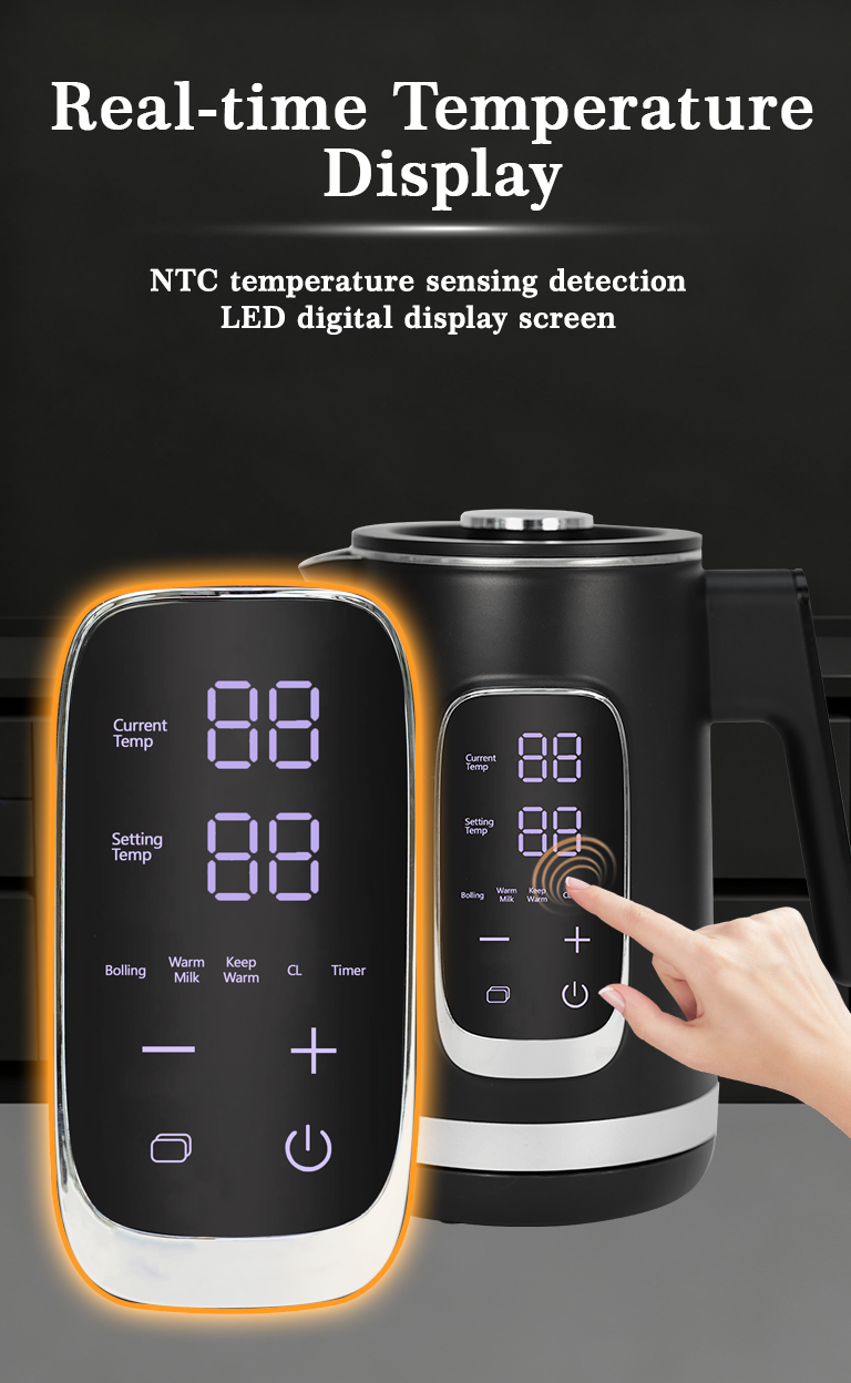 Pabrik OEM 1500W Ketel Baja Tahan Karat Mendidih Daya Tinggi Ketel Listrik Kontrol Digital Hitam dengan Perlindungan Perebusan Kering