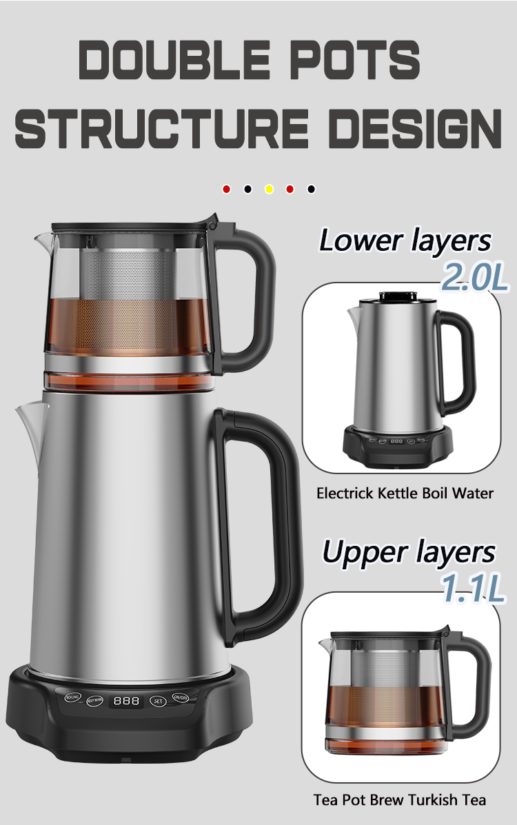 Peralatan Dapur 1500W Rebus Perlindungan Kering Mesin Pembuat Teh 2.0L+1.1L Double Layer Electric Kettle Dengan Teki Kaca