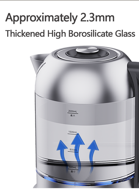 Ketel Kaca Borosilikat Tinggi Listrik Kendi Tanpa Kabel 2,0L dengan Kontrol Digital Pada Ketel Listrik Kaca Pintar Dasar Rorate 360