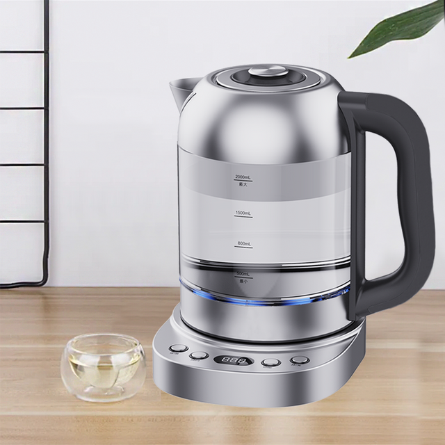 Ketel Kaca Borosilikat Tinggi Listrik Kendi Tanpa Kabel 2,0L dengan Kontrol Digital Pada Ketel Listrik Kaca Pintar Dasar Rorate 360