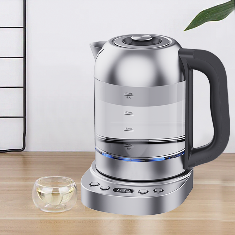 Ketel Kaca Borosilikat Tinggi Listrik Kendi Tanpa Kabel 2,0L dengan Kontrol Digital Pada Ketel Listrik Kaca Pintar Dasar Rorate 360
