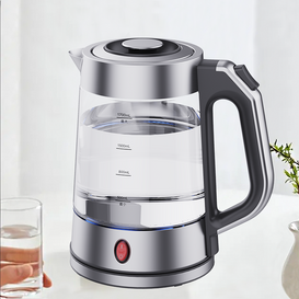 Ketel Listrik Mati Otomatis 1.7 Liter Ketel Kaca Borosilikat Tinggi Ketel Air Oem Odm Mekanis Perak Cahaya Biru